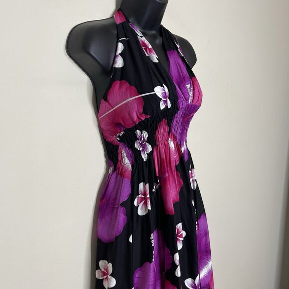Vtg Black Pink Hibiscus Flower Halter Dress Hawaiian Y2K Babydoll Fairy Sz M‎ - Picture 5 of 10